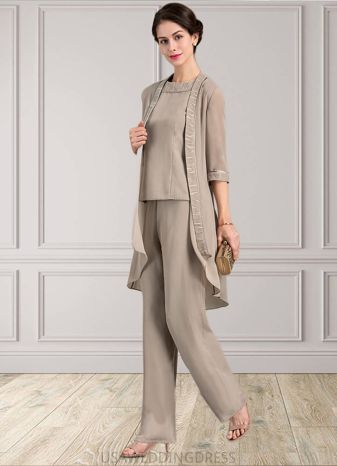 Sydney A-Line/Princess Scoop Neck Floor-Length Chiffon Mother of the Bride Two-piece outfit With Lace DS126P0014848