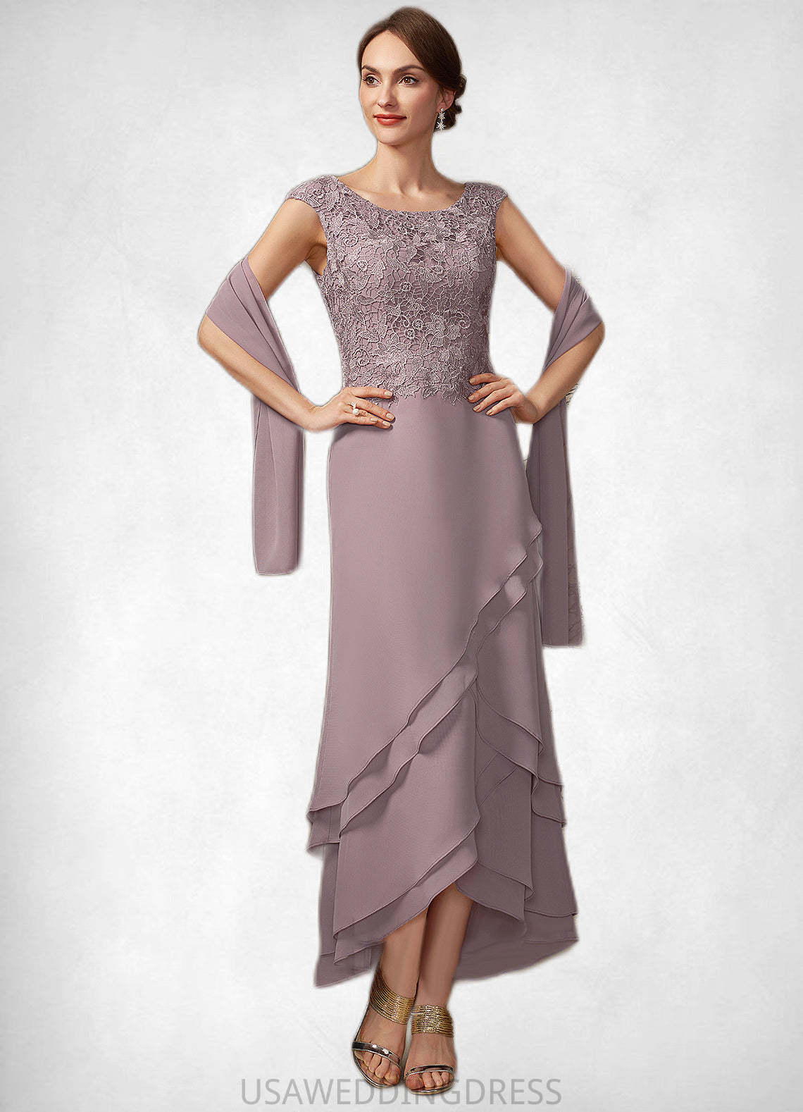 Karsyn A-Line Scoop Neck Asymmetrical Chiffon Lace Mother of the Bride Dress With Cascading Ruffles DS126P0014850