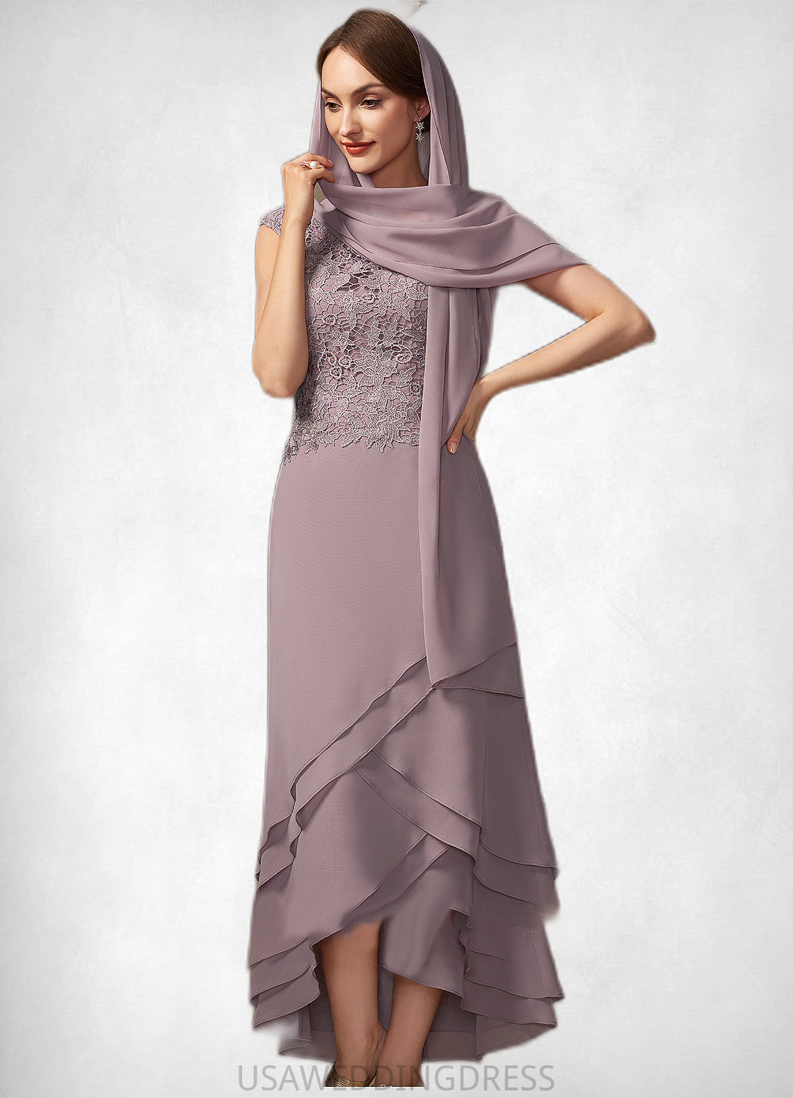 Karsyn A-Line Scoop Neck Asymmetrical Chiffon Lace Mother of the Bride Dress With Cascading Ruffles DS126P0014850