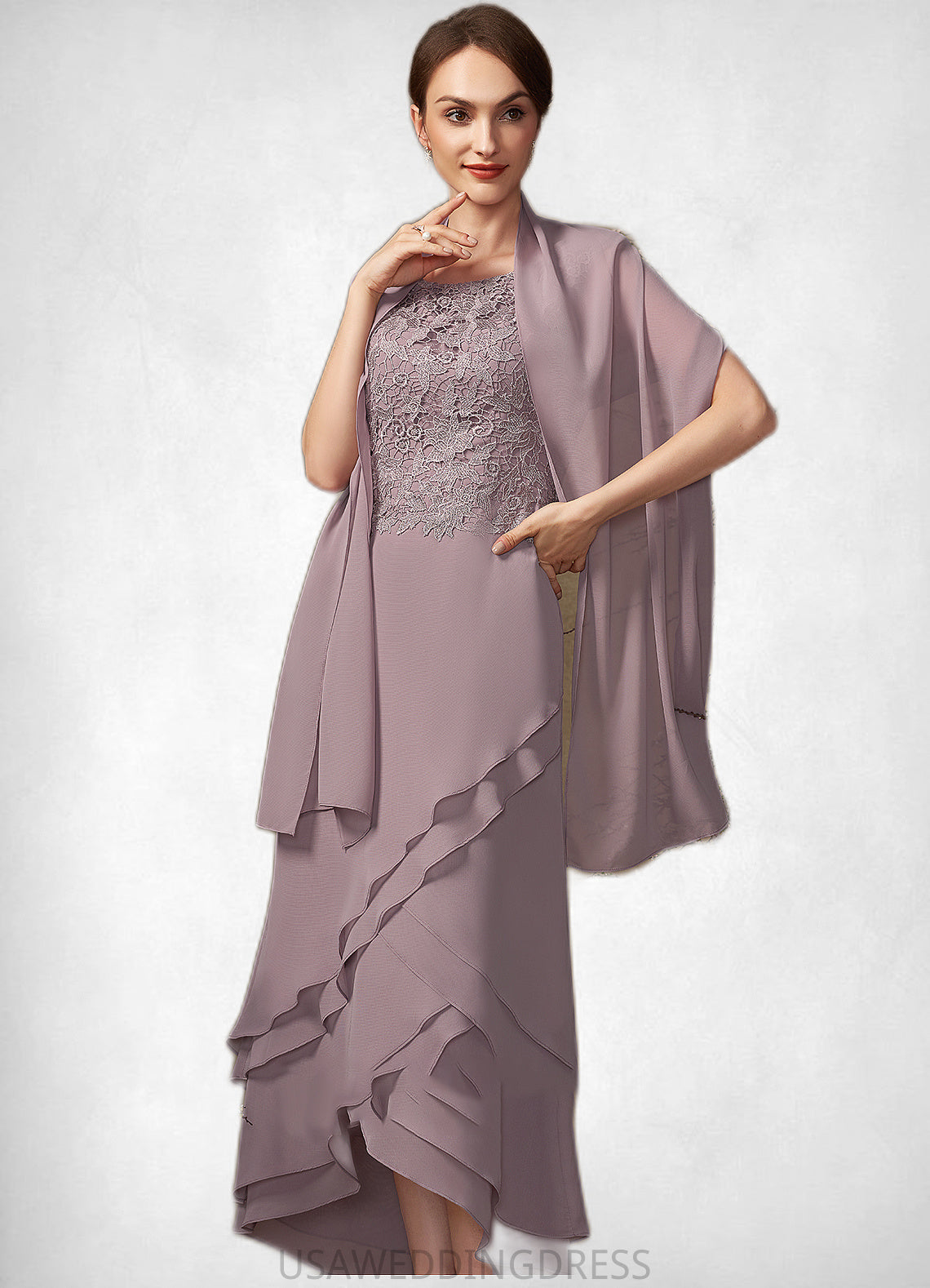 Karsyn A-Line Scoop Neck Asymmetrical Chiffon Lace Mother of the Bride Dress With Cascading Ruffles DS126P0014850