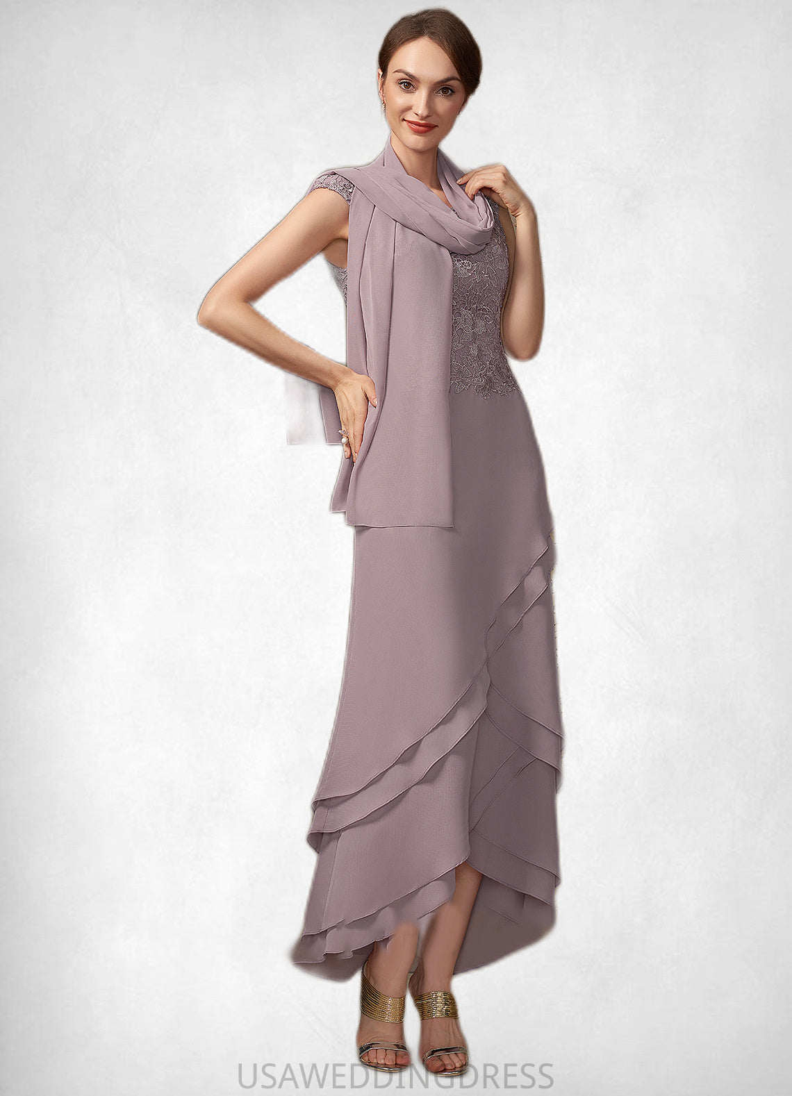 Karsyn A-Line Scoop Neck Asymmetrical Chiffon Lace Mother of the Bride Dress With Cascading Ruffles DS126P0014850