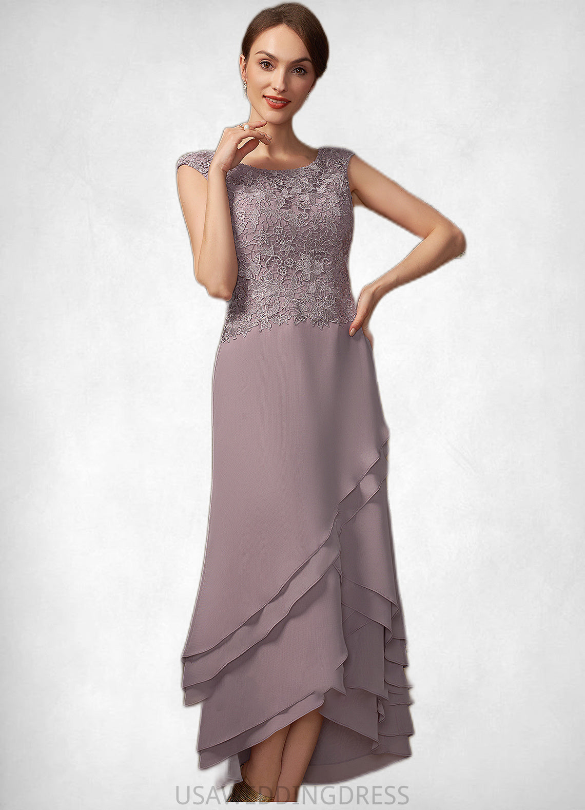 Karsyn A-Line Scoop Neck Asymmetrical Chiffon Lace Mother of the Bride Dress With Cascading Ruffles DS126P0014850
