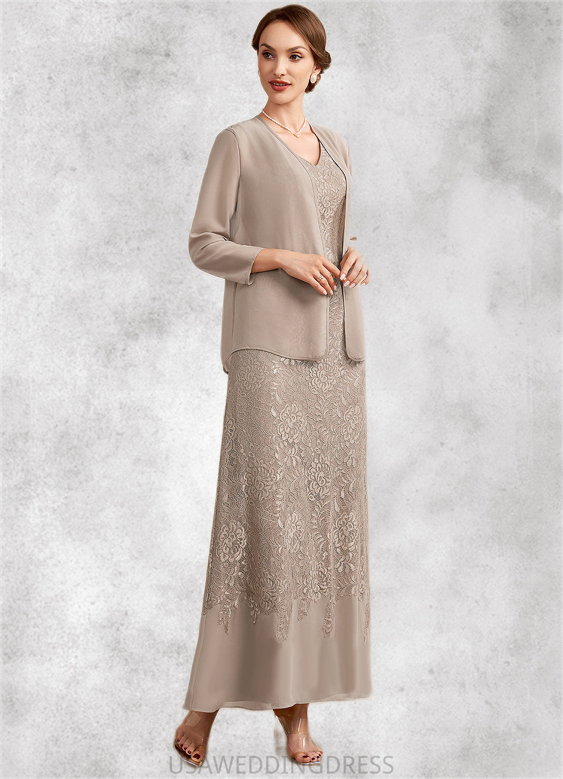 Carly A-Line V-neck Ankle-Length Chiffon Lace Mother of the Bride Dress DS126P0014851