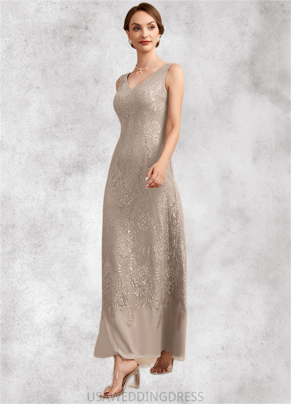 Carly A-Line V-neck Ankle-Length Chiffon Lace Mother of the Bride Dress DS126P0014851