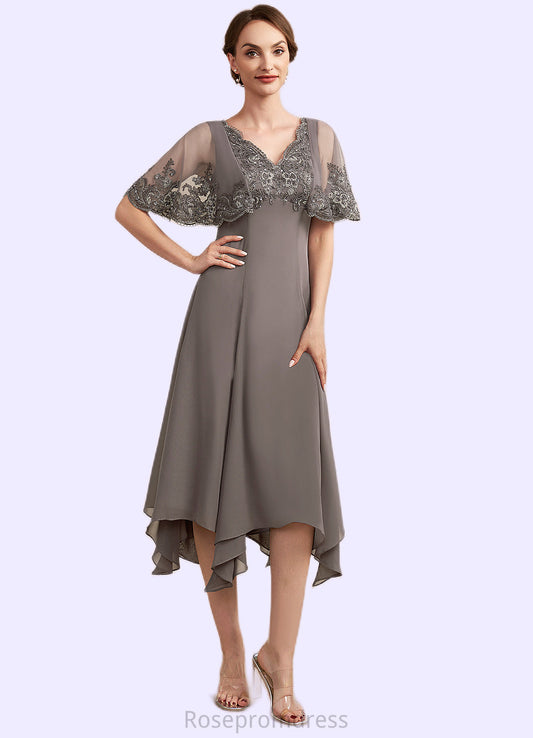 Haley A-Line V-neck Tea-Length Chiffon Lace Mother of the Bride Dress With Beading Sequins SRS126P0014852