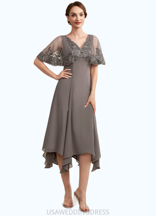 Jordin A-Line V-neck Tea-Length Chiffon Lace Mother of the Bride Dress With Beading Sequins DS126P0014852