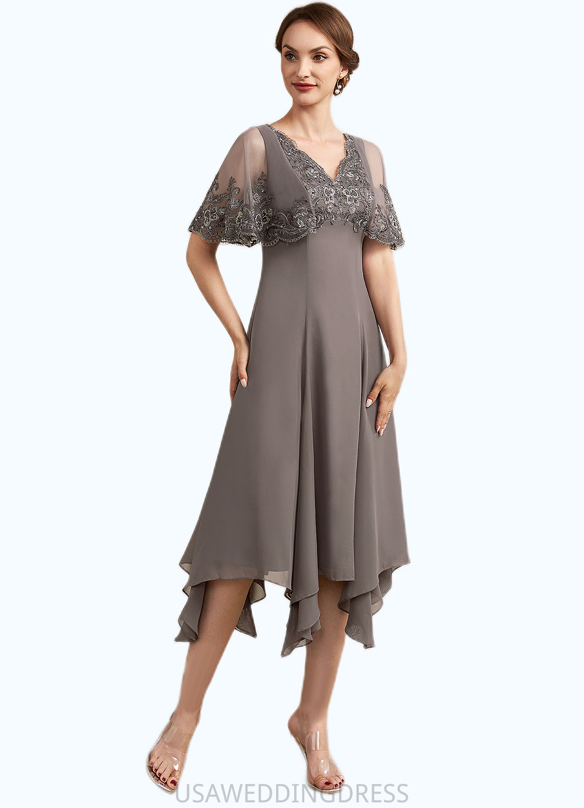 Jordin A-Line V-neck Tea-Length Chiffon Lace Mother of the Bride Dress With Beading Sequins DS126P0014852