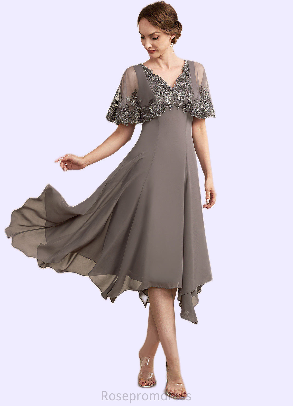 Haley A-Line V-neck Tea-Length Chiffon Lace Mother of the Bride Dress With Beading Sequins SRS126P0014852