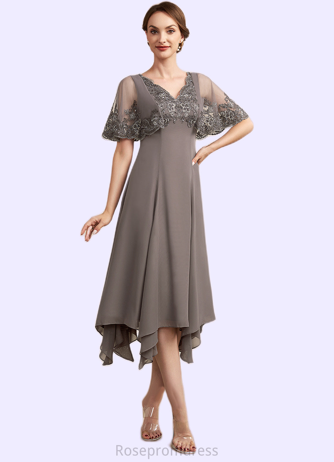Haley A-Line V-neck Tea-Length Chiffon Lace Mother of the Bride Dress With Beading Sequins SRS126P0014852