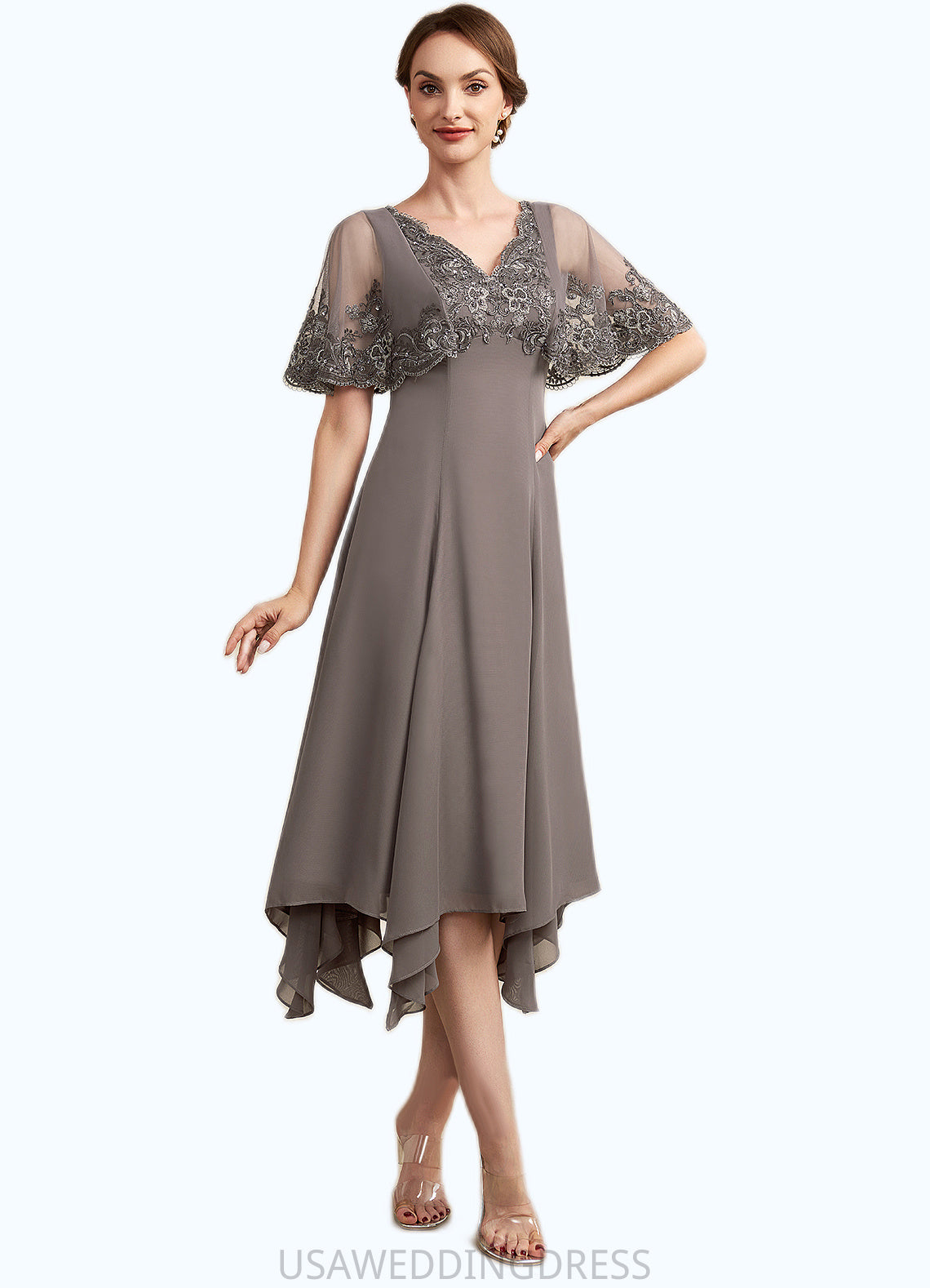Jordin A-Line V-neck Tea-Length Chiffon Lace Mother of the Bride Dress With Beading Sequins DS126P0014852