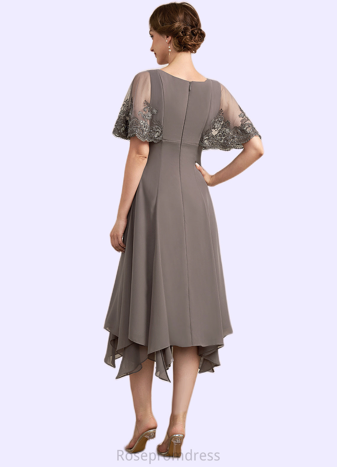 Haley A-Line V-neck Tea-Length Chiffon Lace Mother of the Bride Dress With Beading Sequins SRS126P0014852