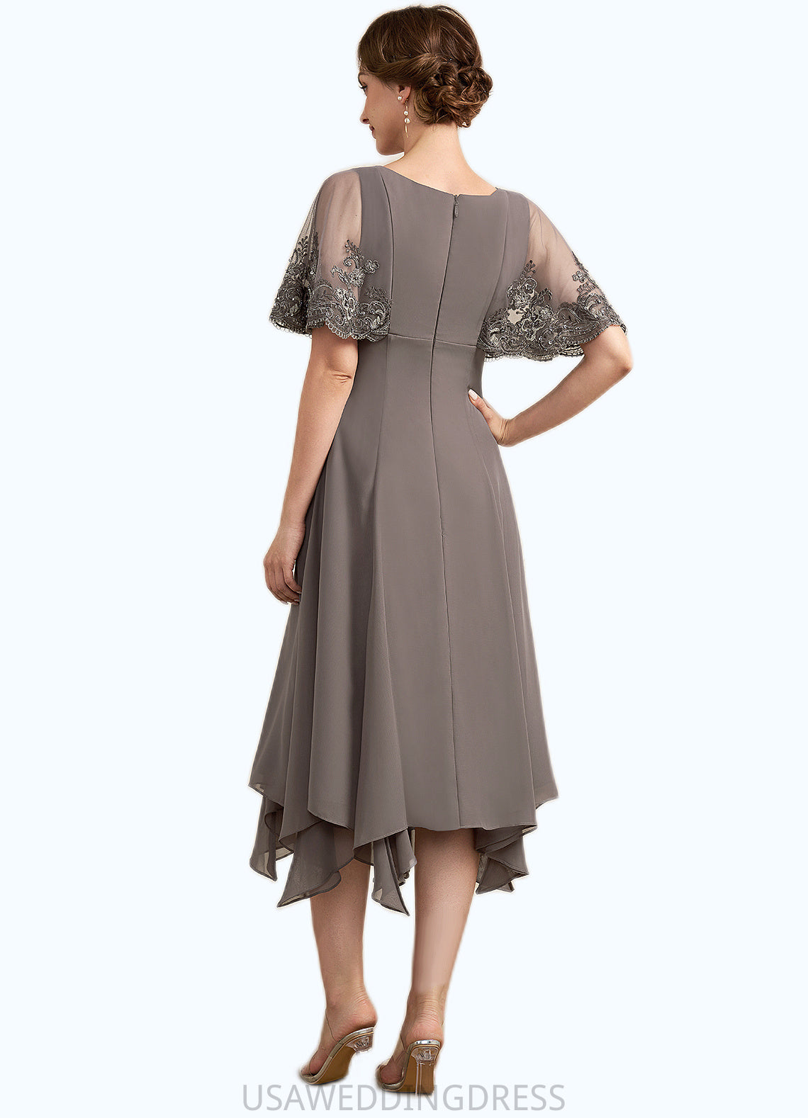 Jordin A-Line V-neck Tea-Length Chiffon Lace Mother of the Bride Dress With Beading Sequins DS126P0014852