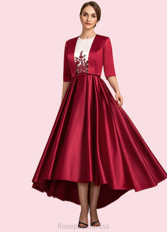 Irene A-Line Scoop Neck Asymmetrical Satin Lace Mother of the Bride Dress With Ruffle Sequins Pockets SRS126P0014853