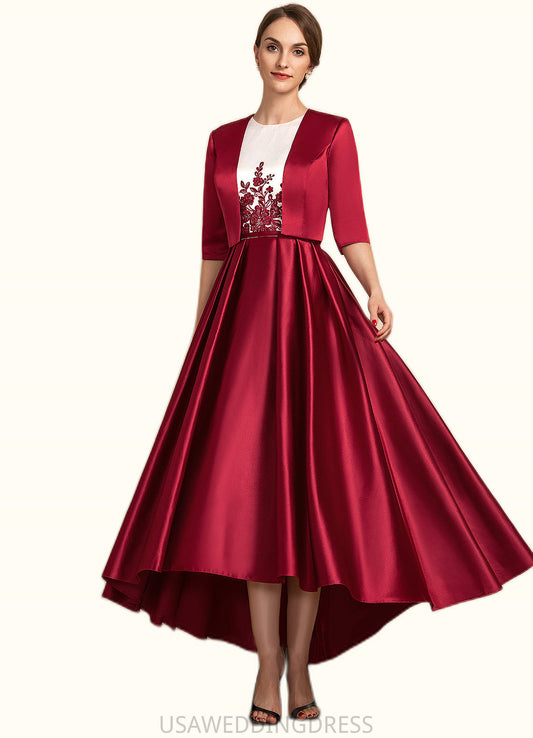 Dahlia A-Line Scoop Neck Asymmetrical Satin Lace Mother of the Bride Dress With Ruffle Sequins Pockets DS126P0014853