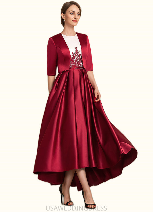 Dahlia A-Line Scoop Neck Asymmetrical Satin Lace Mother of the Bride Dress With Ruffle Sequins Pockets DS126P0014853