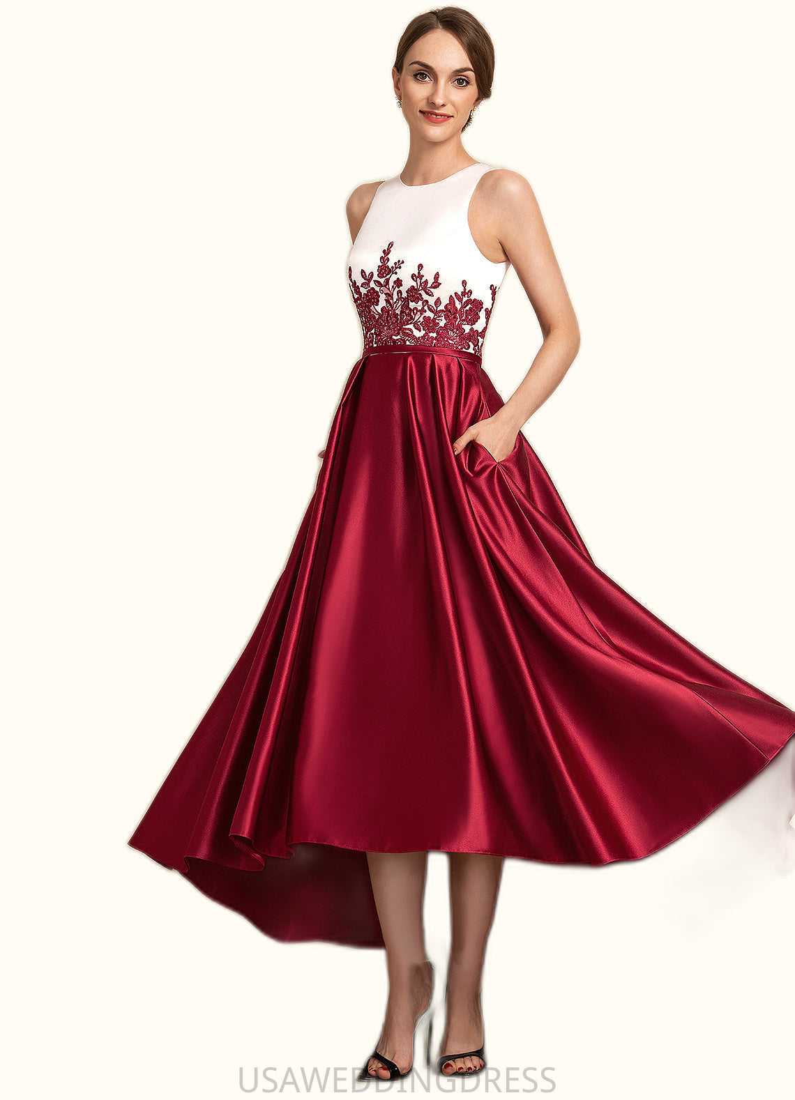Dahlia A-Line Scoop Neck Asymmetrical Satin Lace Mother of the Bride Dress With Ruffle Sequins Pockets DS126P0014853