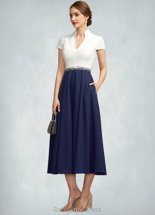 Amber A-Line V-neck Tea-Length Stretch Crepe Mother of the Bride Dress With Beading Sequins Pockets SRS126P0014854