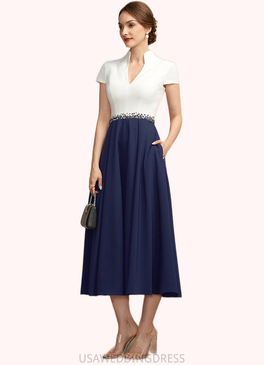 Mckinley A-Line V-neck Tea-Length Stretch Crepe Mother of the Bride Dress With Beading Sequins Pockets DS126P0014854
