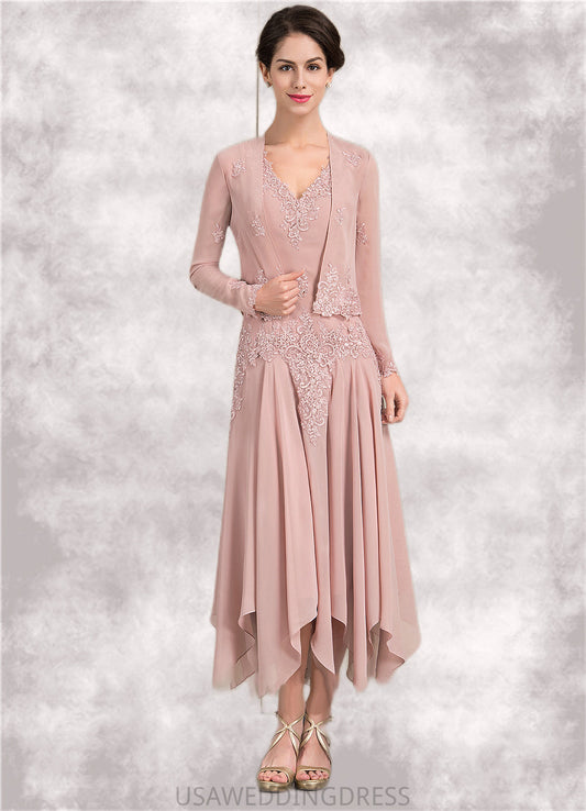 Zara A-Line V-neck Ankle-Length Chiffon Mother of the Bride Dress With Appliques Lace Sequins DS126P0014855