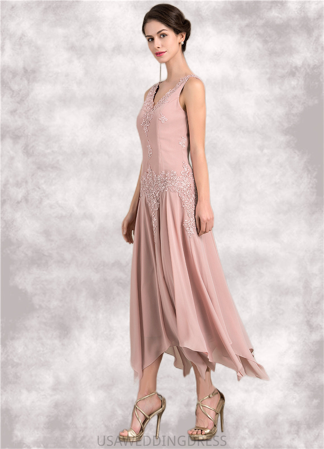 Zara A-Line V-neck Ankle-Length Chiffon Mother of the Bride Dress With Appliques Lace Sequins DS126P0014855