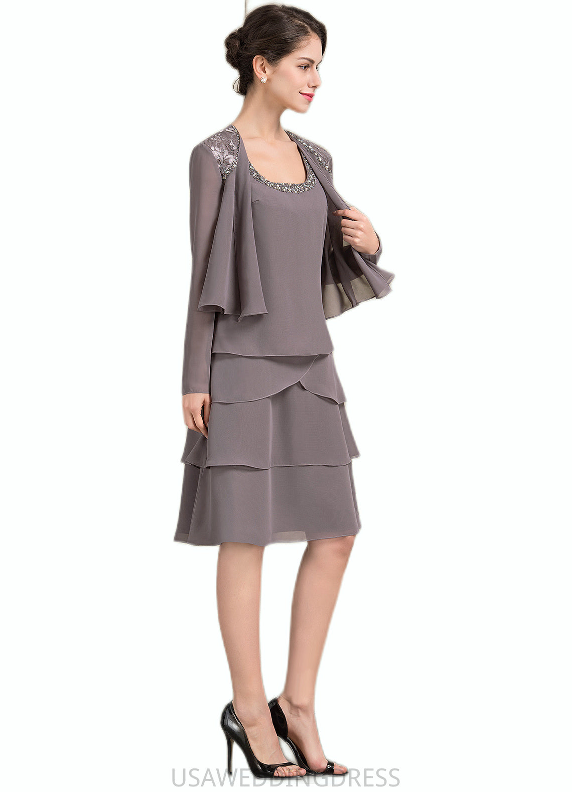 Maliyah A-Line Square Neckline Knee-Length Chiffon Mother of the Bride Dress With Beading Sequins DS126P0014856