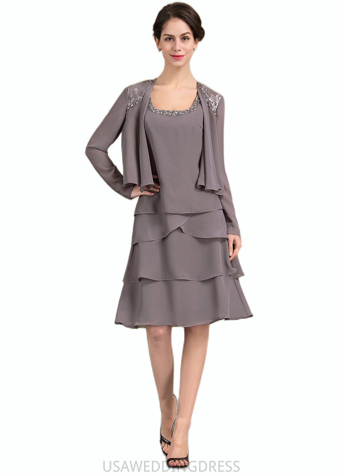 Maliyah A-Line Square Neckline Knee-Length Chiffon Mother of the Bride Dress With Beading Sequins DS126P0014856