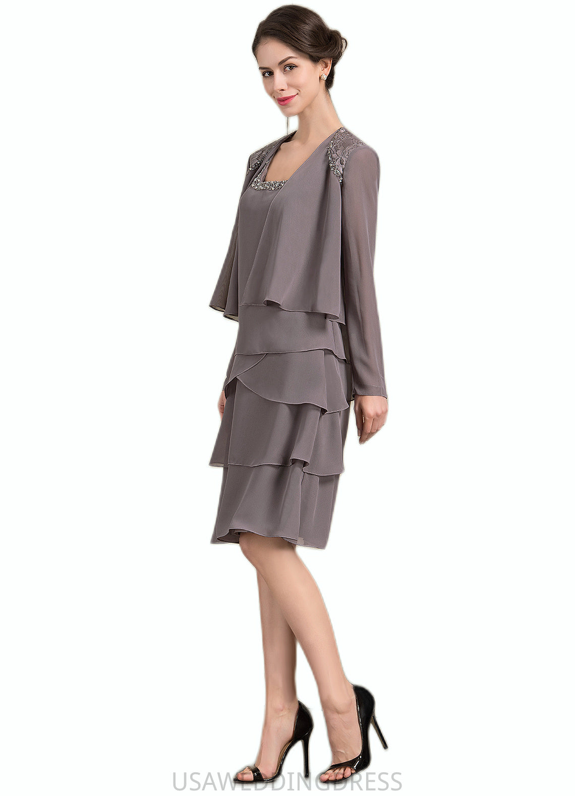 Maliyah A-Line Square Neckline Knee-Length Chiffon Mother of the Bride Dress With Beading Sequins DS126P0014856