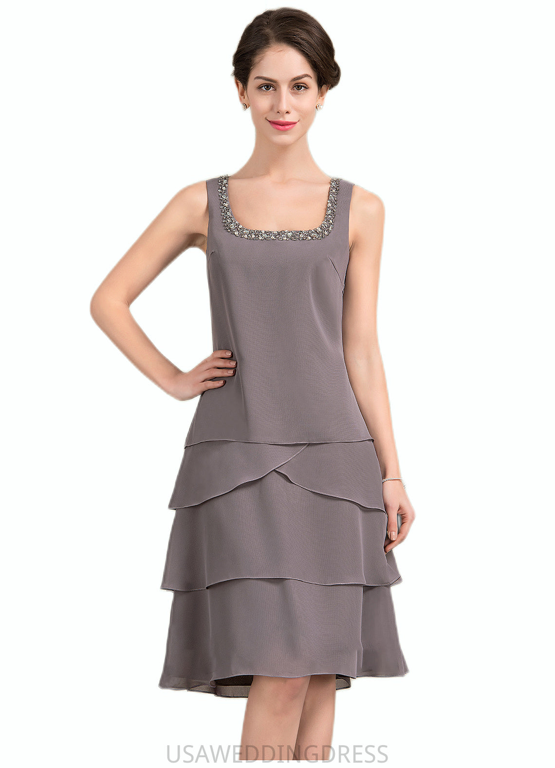 Maliyah A-Line Square Neckline Knee-Length Chiffon Mother of the Bride Dress With Beading Sequins DS126P0014856