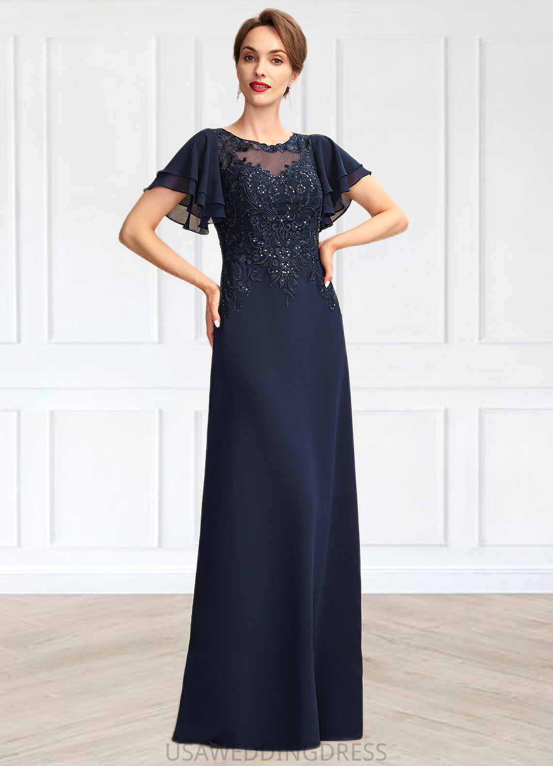 Lilian A-Line Scoop Neck Floor-Length Chiffon Lace Mother of the Bride Dress With Sequins DS126P0014857