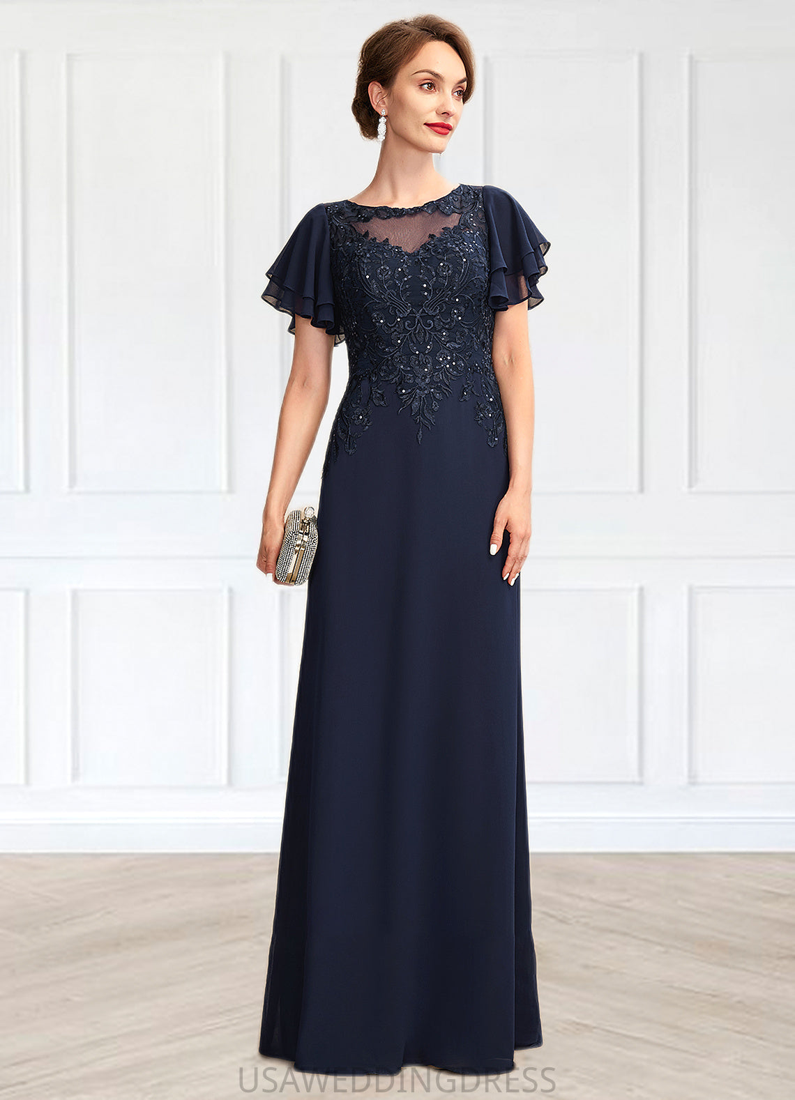 Lilian A-Line Scoop Neck Floor-Length Chiffon Lace Mother of the Bride Dress With Sequins DS126P0014857