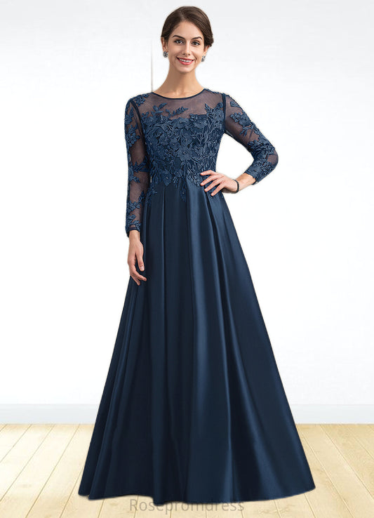 Lucia A-Line Scoop Neck Floor-Length Satin Lace Mother of the Bride Dress With Beading SRS126P0014858
