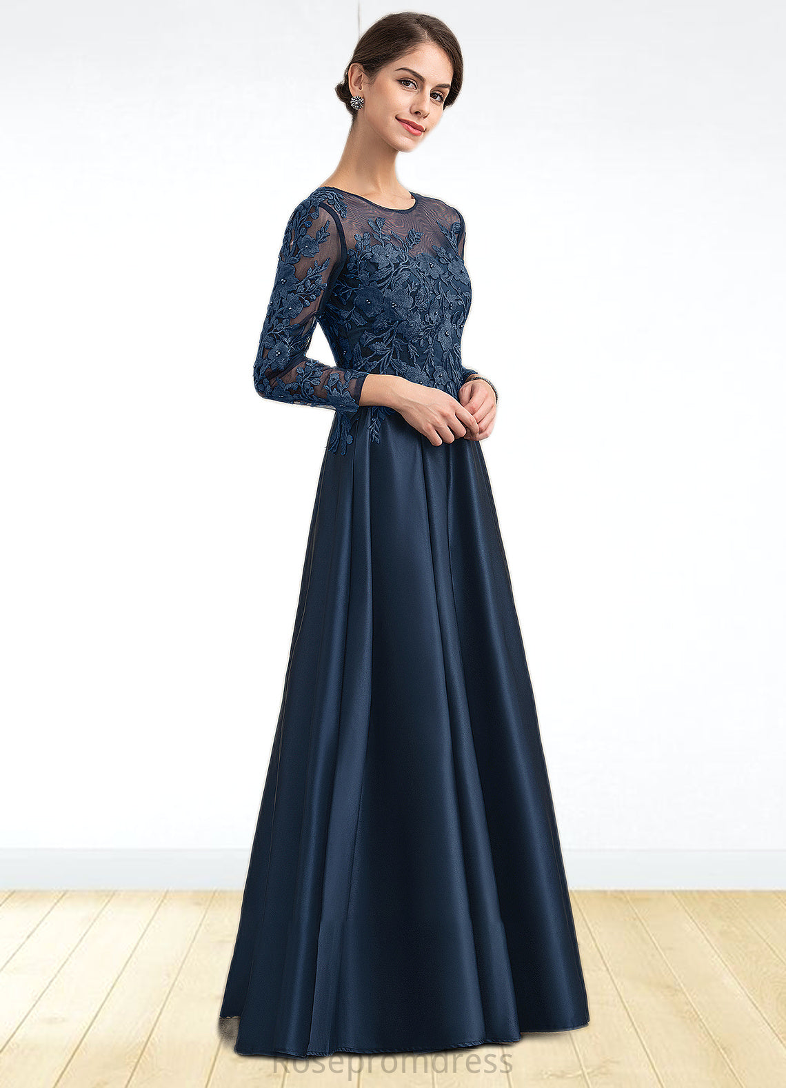 Lucia A-Line Scoop Neck Floor-Length Satin Lace Mother of the Bride Dress With Beading SRS126P0014858