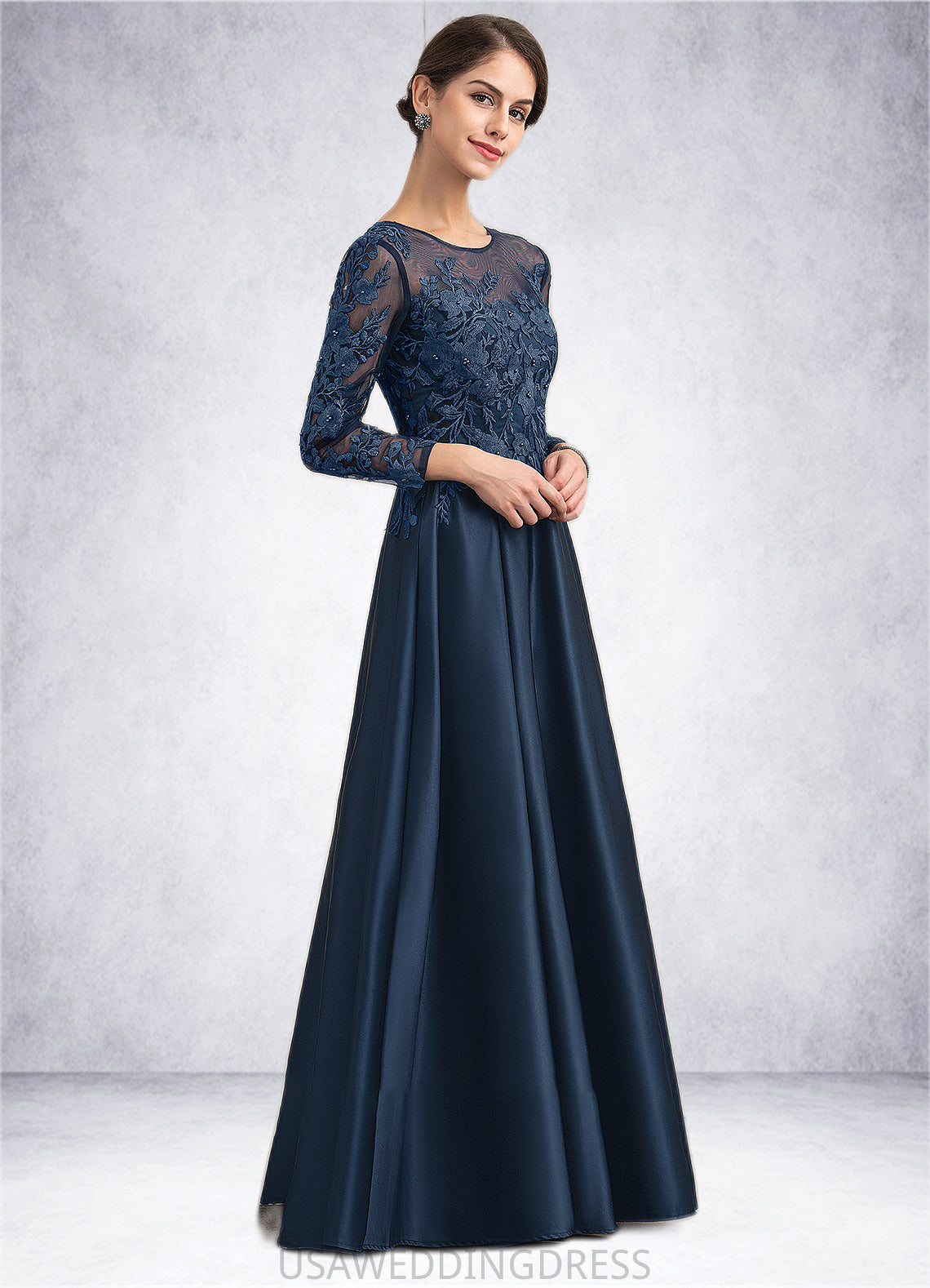 Tina A-Line Scoop Neck Floor-Length Satin Lace Mother of the Bride Dress With Beading DS126P0014858