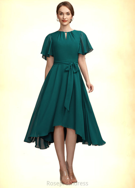 Iris A-Line Scoop Neck Asymmetrical Chiffon Mother of the Bride Dress With Ruffle Bow(s) SRS126P0014859