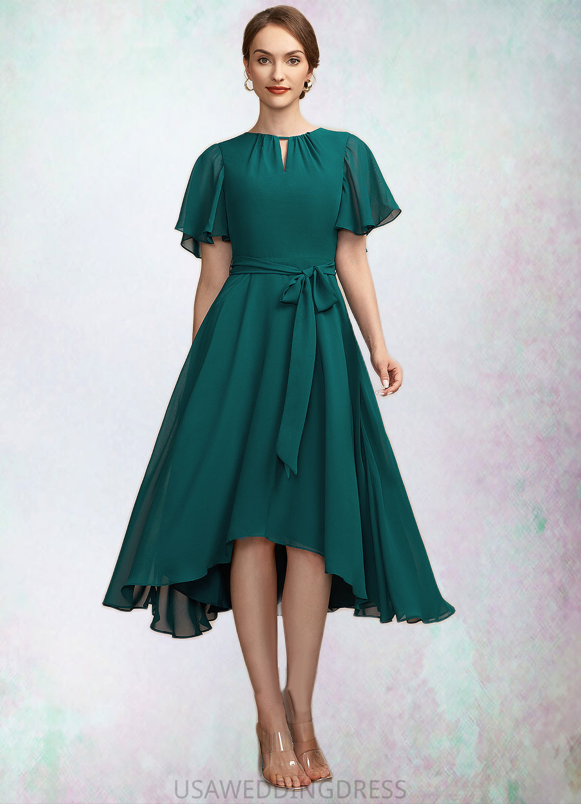 Elianna A-Line Scoop Neck Asymmetrical Chiffon Mother of the Bride Dress With Ruffle Bow(s) DS126P0014859