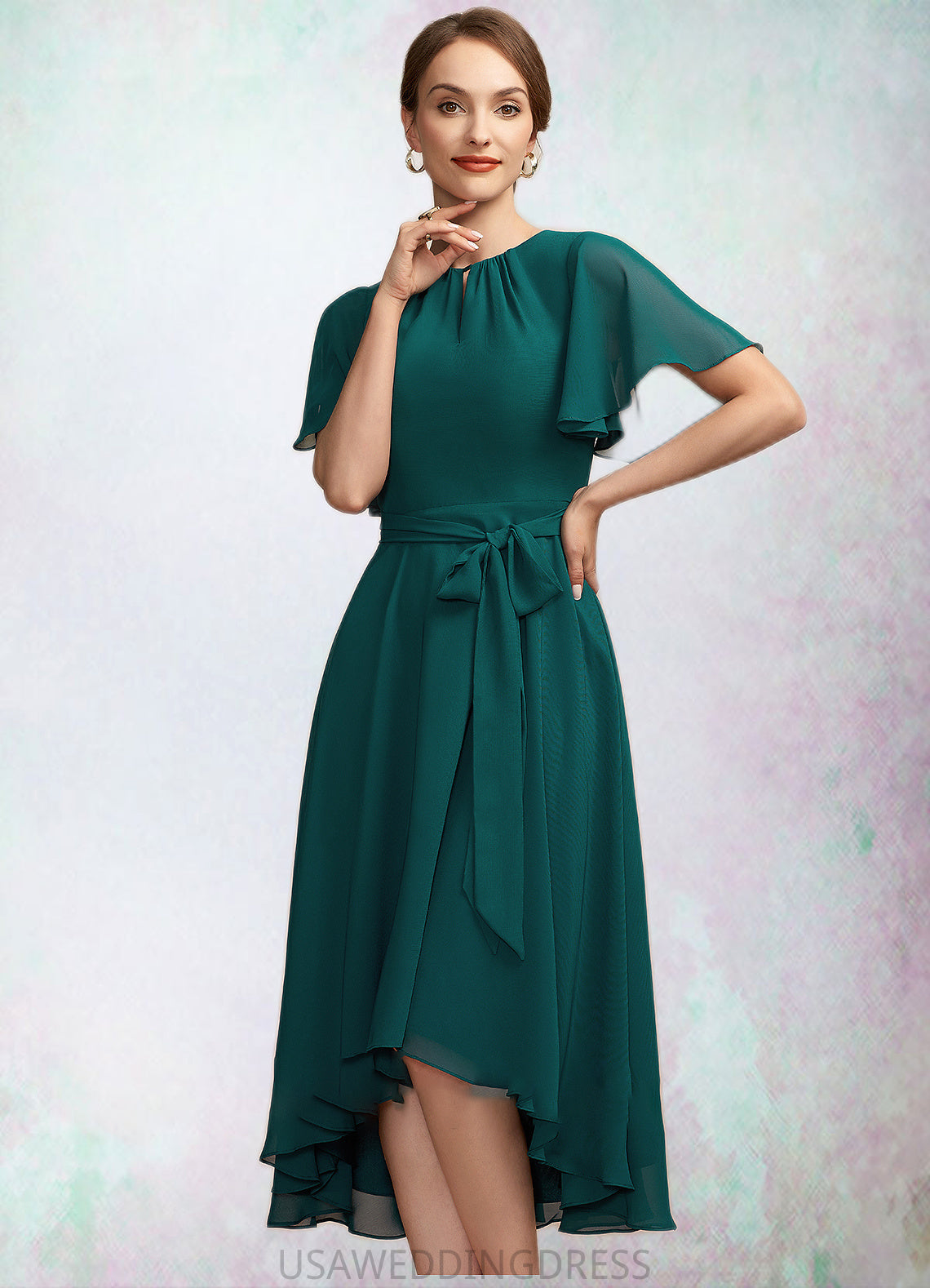 Elianna A-Line Scoop Neck Asymmetrical Chiffon Mother of the Bride Dress With Ruffle Bow(s) DS126P0014859