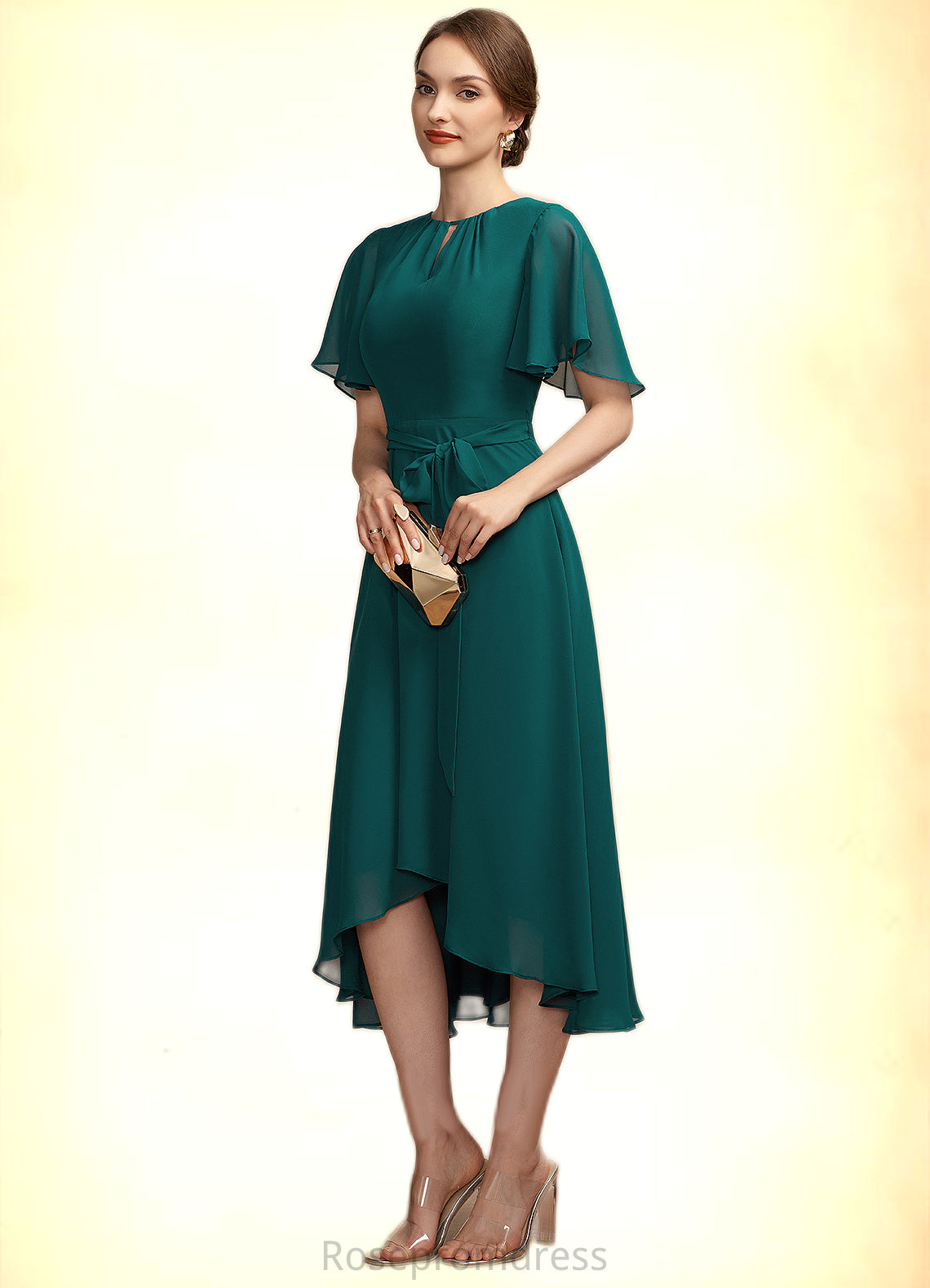 Iris A-Line Scoop Neck Asymmetrical Chiffon Mother of the Bride Dress With Ruffle Bow(s) SRS126P0014859