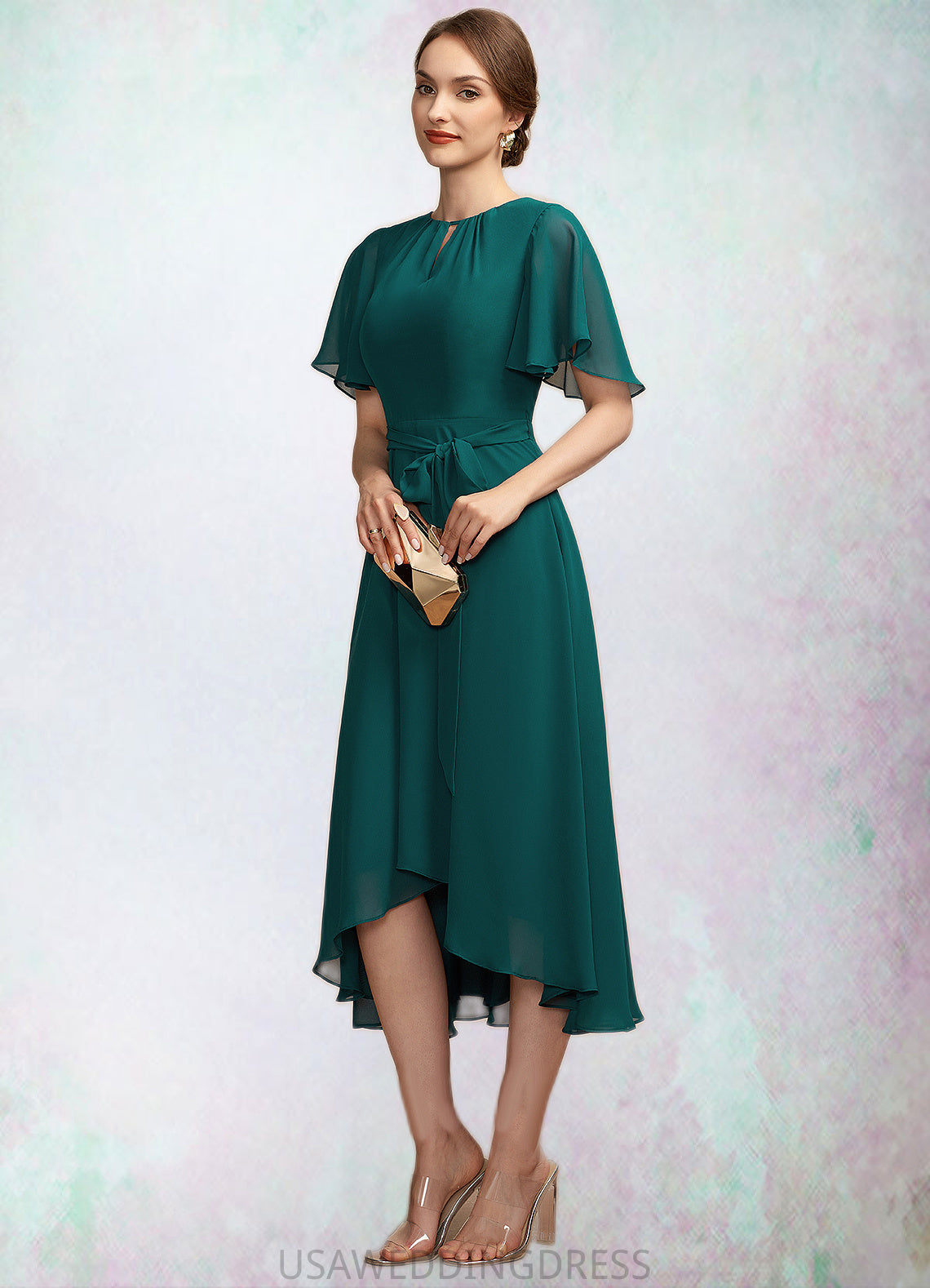 Elianna A-Line Scoop Neck Asymmetrical Chiffon Mother of the Bride Dress With Ruffle Bow(s) DS126P0014859