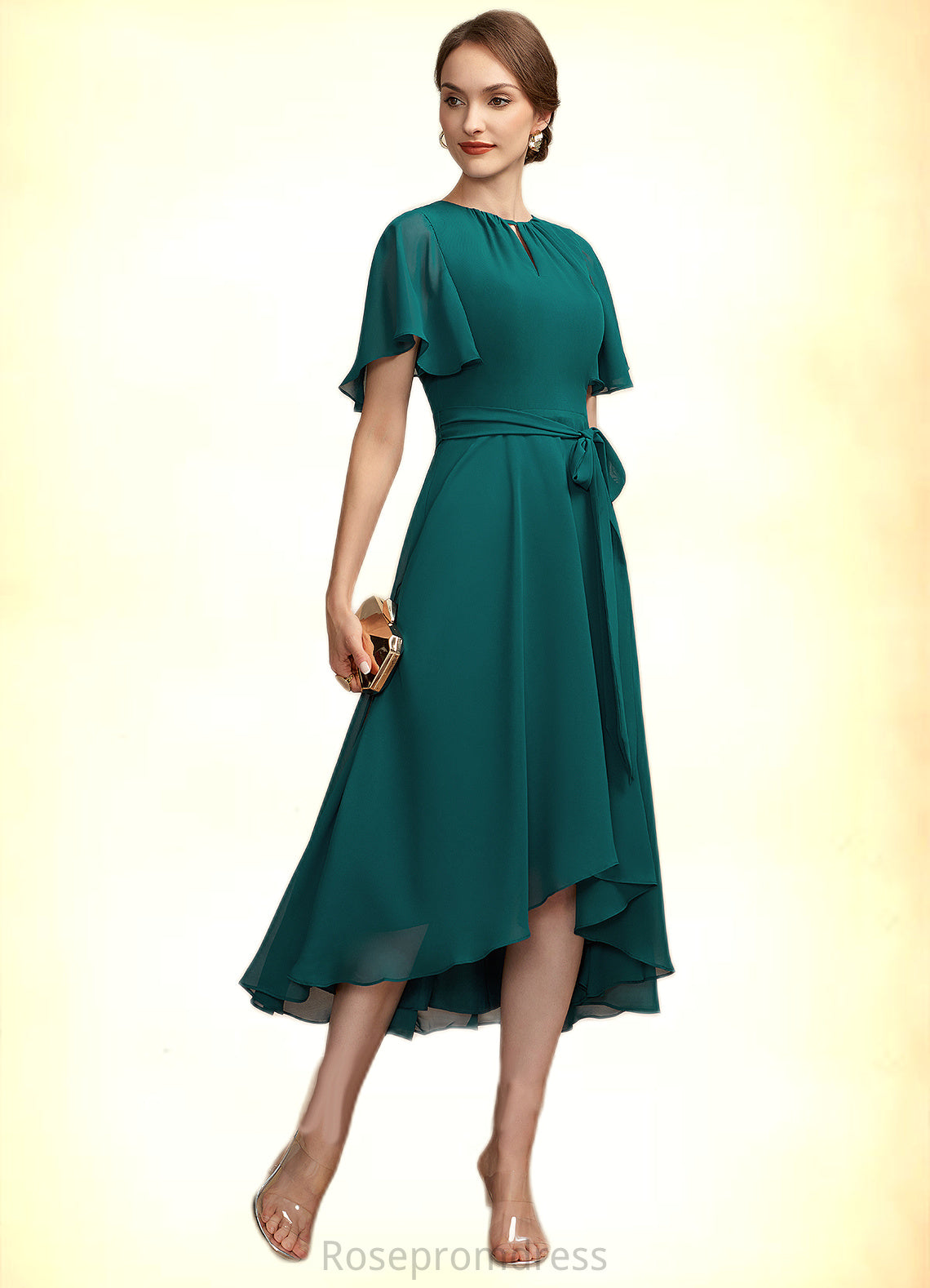 Iris A-Line Scoop Neck Asymmetrical Chiffon Mother of the Bride Dress With Ruffle Bow(s) SRS126P0014859