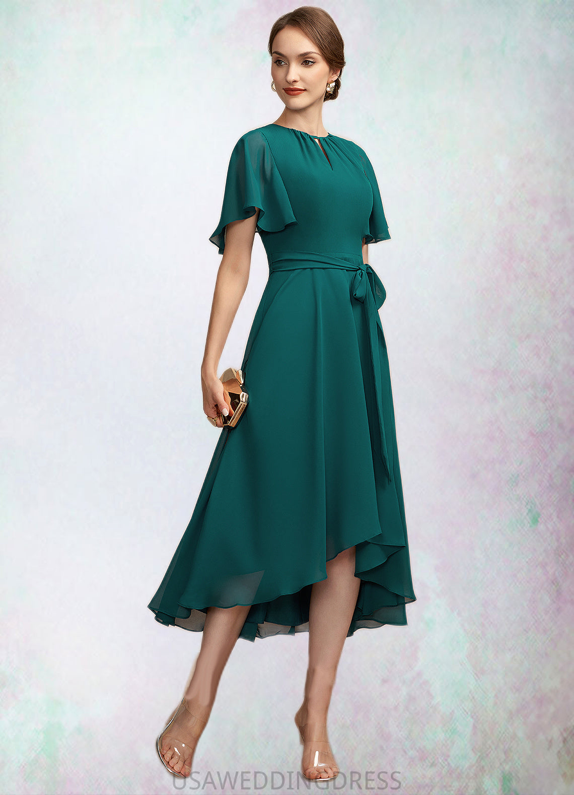 Elianna A-Line Scoop Neck Asymmetrical Chiffon Mother of the Bride Dress With Ruffle Bow(s) DS126P0014859