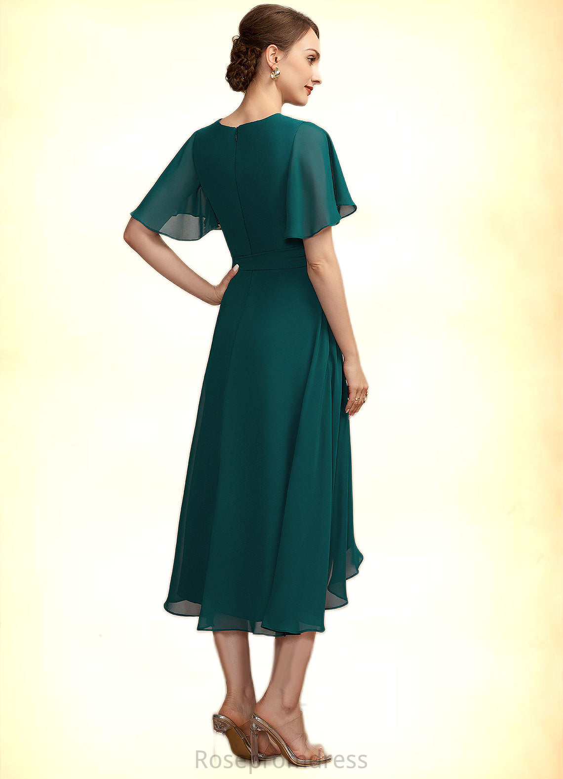 Iris A-Line Scoop Neck Asymmetrical Chiffon Mother of the Bride Dress With Ruffle Bow(s) SRS126P0014859