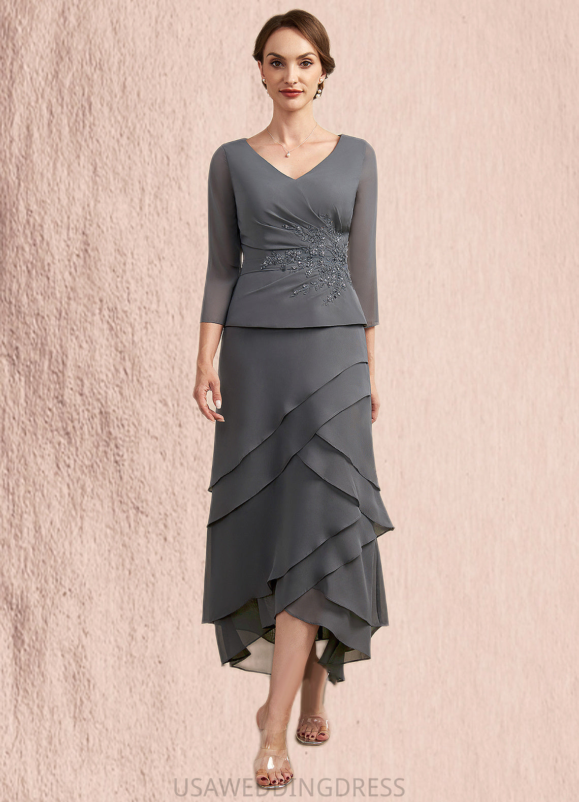 Hallie A-Line V-neck Asymmetrical Chiffon Lace Mother of the Bride Dress With Ruffle Beading Sequins DS126P0014860