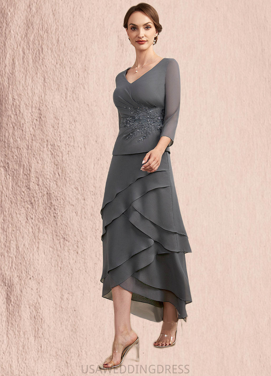 Hallie A-Line V-neck Asymmetrical Chiffon Lace Mother of the Bride Dress With Ruffle Beading Sequins DS126P0014860