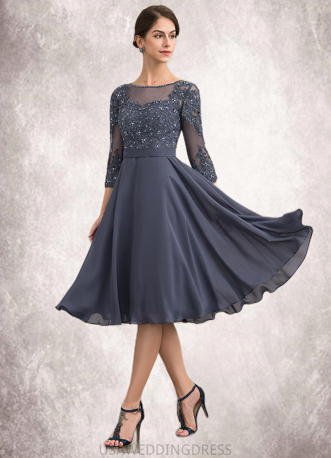 Daniela A-Line Scoop Neck Knee-Length Chiffon Lace Mother of the Bride Dress With Beading Sequins DS126P0014861