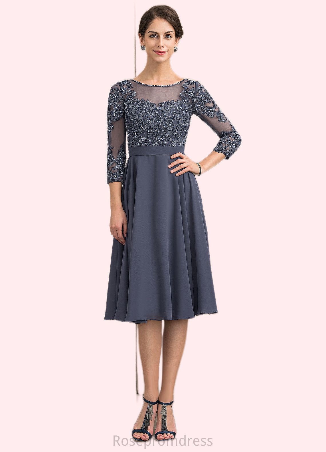 Vanessa A-Line Scoop Neck Knee-Length Chiffon Lace Mother of the Bride Dress With Beading Sequins SRS126P0014861