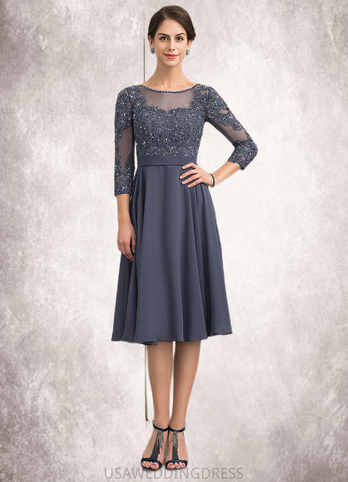 Daniela A-Line Scoop Neck Knee-Length Chiffon Lace Mother of the Bride Dress With Beading Sequins DS126P0014861