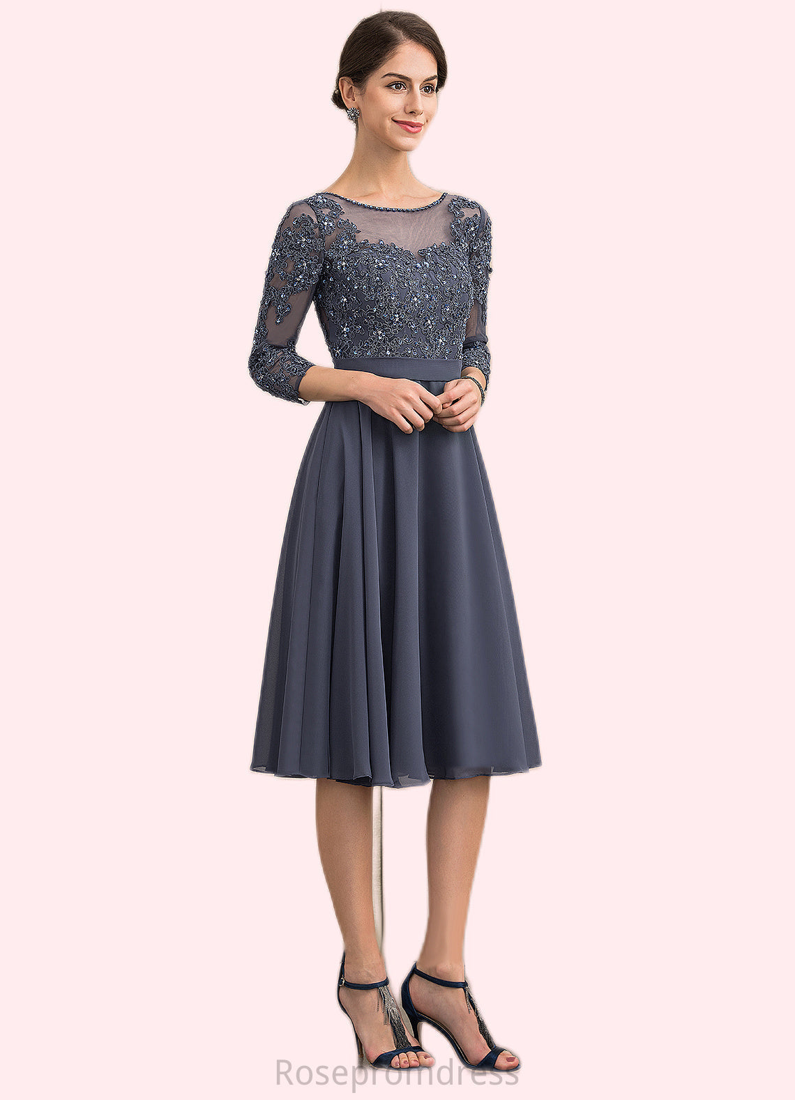 Vanessa A-Line Scoop Neck Knee-Length Chiffon Lace Mother of the Bride Dress With Beading Sequins SRS126P0014861