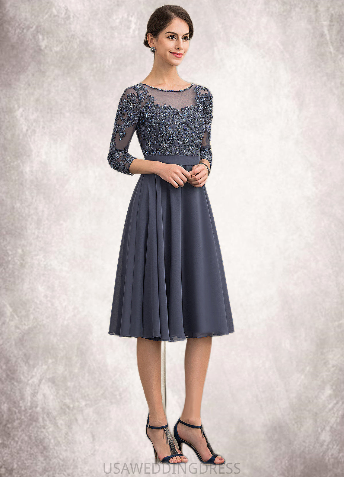 Daniela A-Line Scoop Neck Knee-Length Chiffon Lace Mother of the Bride Dress With Beading Sequins DS126P0014861