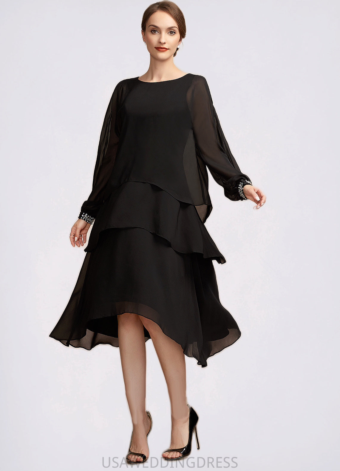 Selina A-Line Scoop Neck Asymmetrical Chiffon Mother of the Bride Dress With Beading DS126P0014862