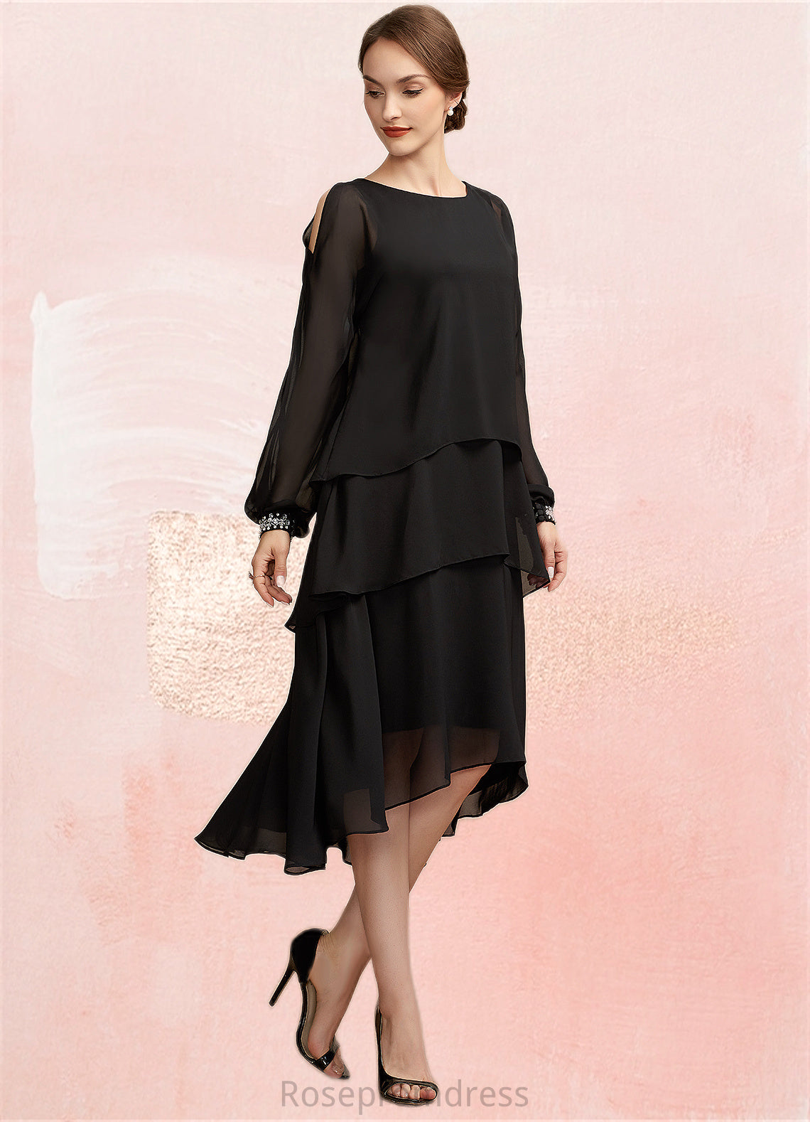 Scarlett A-Line Scoop Neck Asymmetrical Chiffon Mother of the Bride Dress With Beading SRS126P0014862